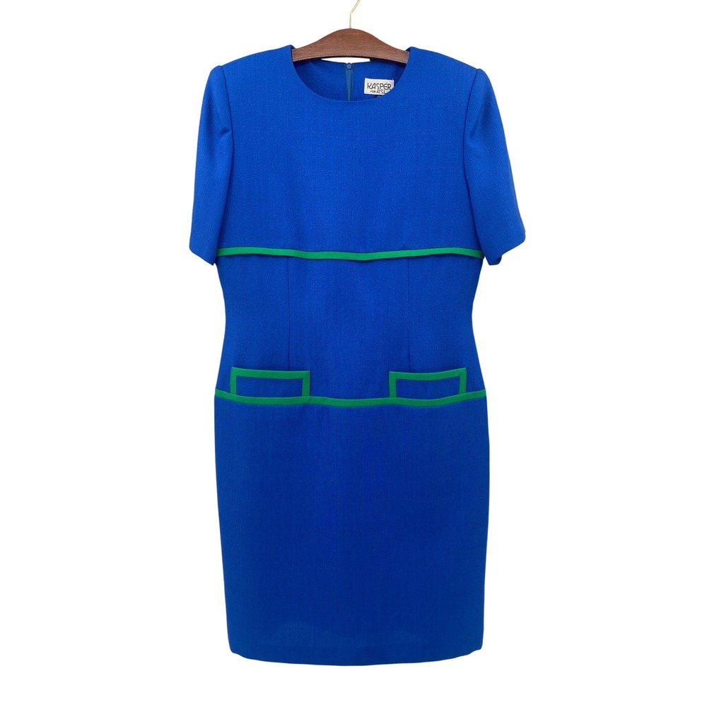 Kasper A.S.L. Cobalt Blue Green Sheath Dress Women's‎ 12 VTG 80s/90s Business
